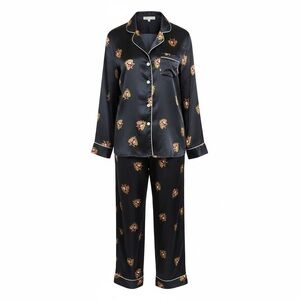 Olivia von Halle Black Satin Floral-Print Pajama Set